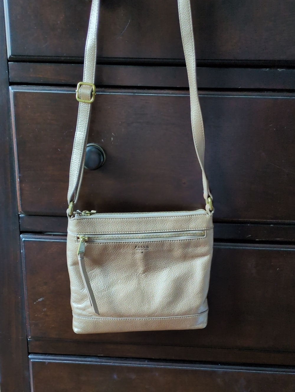 Fossil Gold Pebbled Leather Crossbody